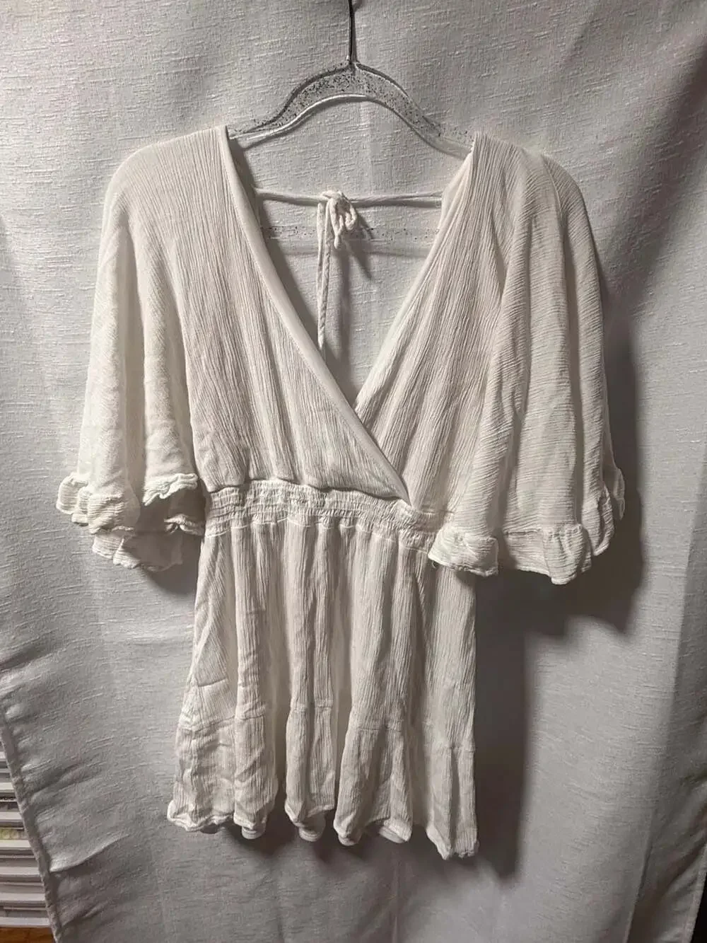 Altar'd State White Ruffle Sleeve Open Back Mini Dress